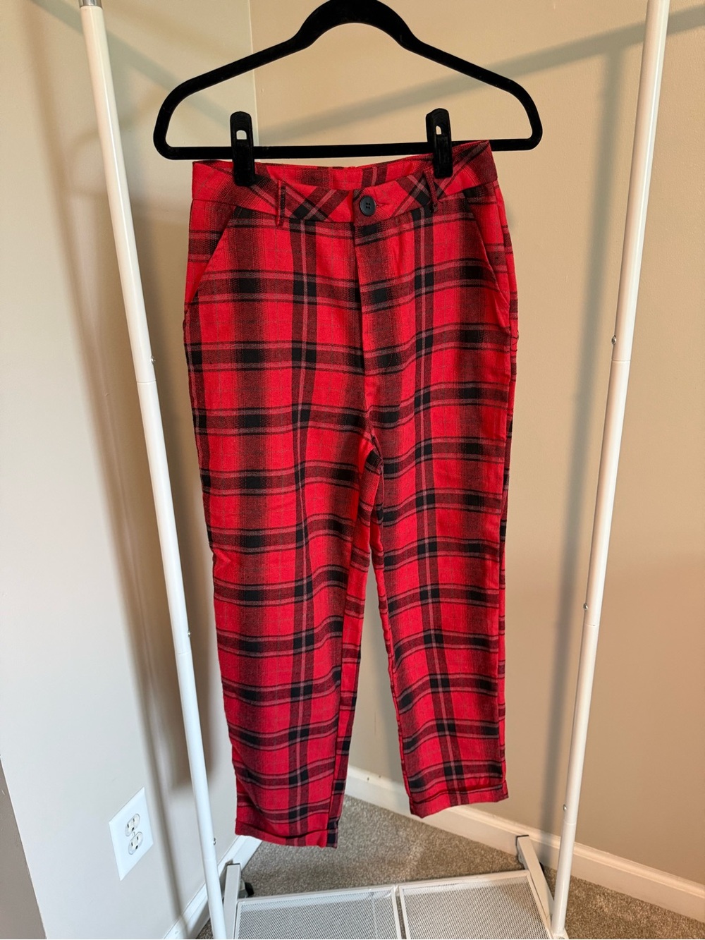Red Plaid Trousers - High Waist Tailored Fit